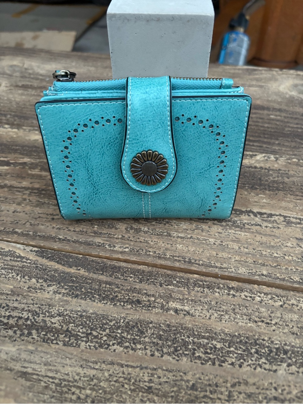 Women’s Teal Card Wallet with Flower Snap - Picture 3 of 7